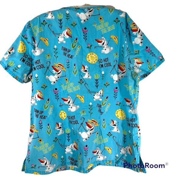 Disney Frozen Olaf Scrub Top Sz Medium Light Blue Flowers Nursecore Medical wear - Picture 2 of 3